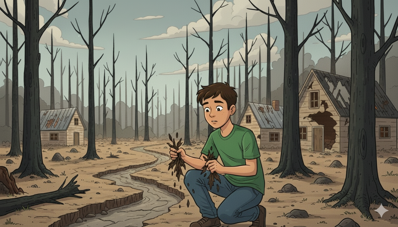 Student examining dry forest and cracked streambed