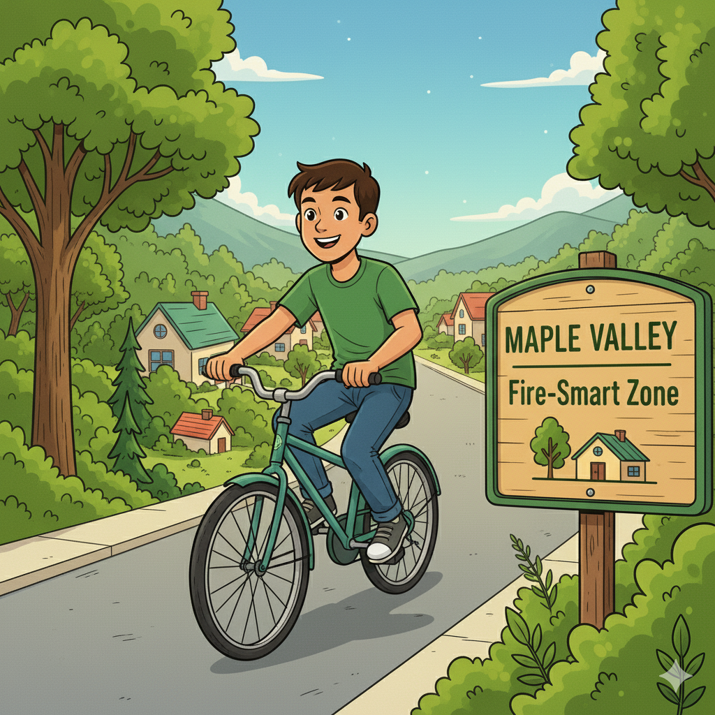 Student biking past Fire-Smart Zone sign
