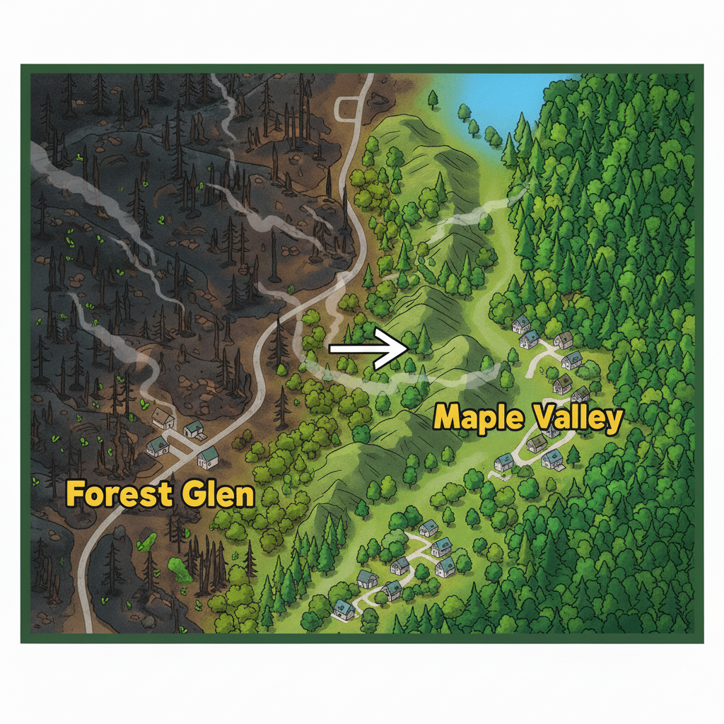 Map showing Forest Glen wildfire and Maple Valley downwind