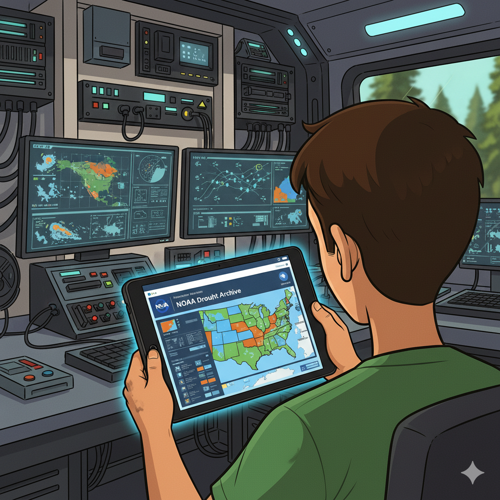 Student analyzing NOAA drought data in mobile lab